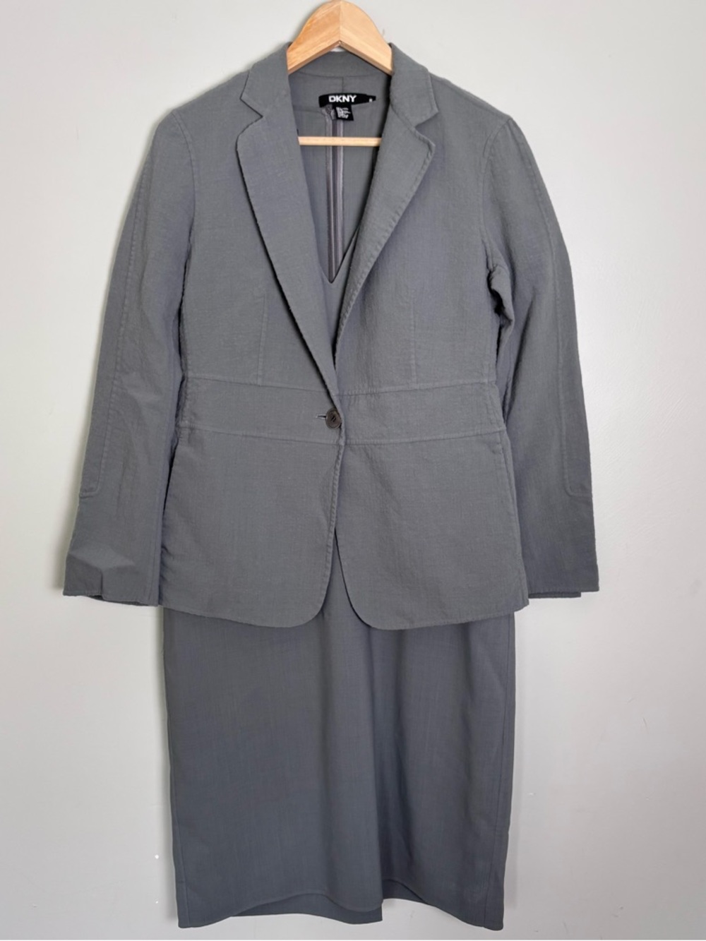 Vintage DKNY Sheath Dress and Jacket Set-Wool Blend-Pale Grey-8/10-Career